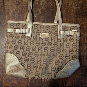 Michael Kors Tan and Gold Monogram Tote